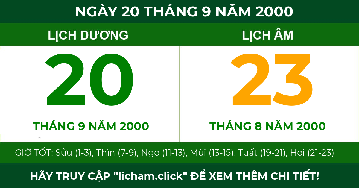 lịch âm ngày 20 tháng 9 năm 2000