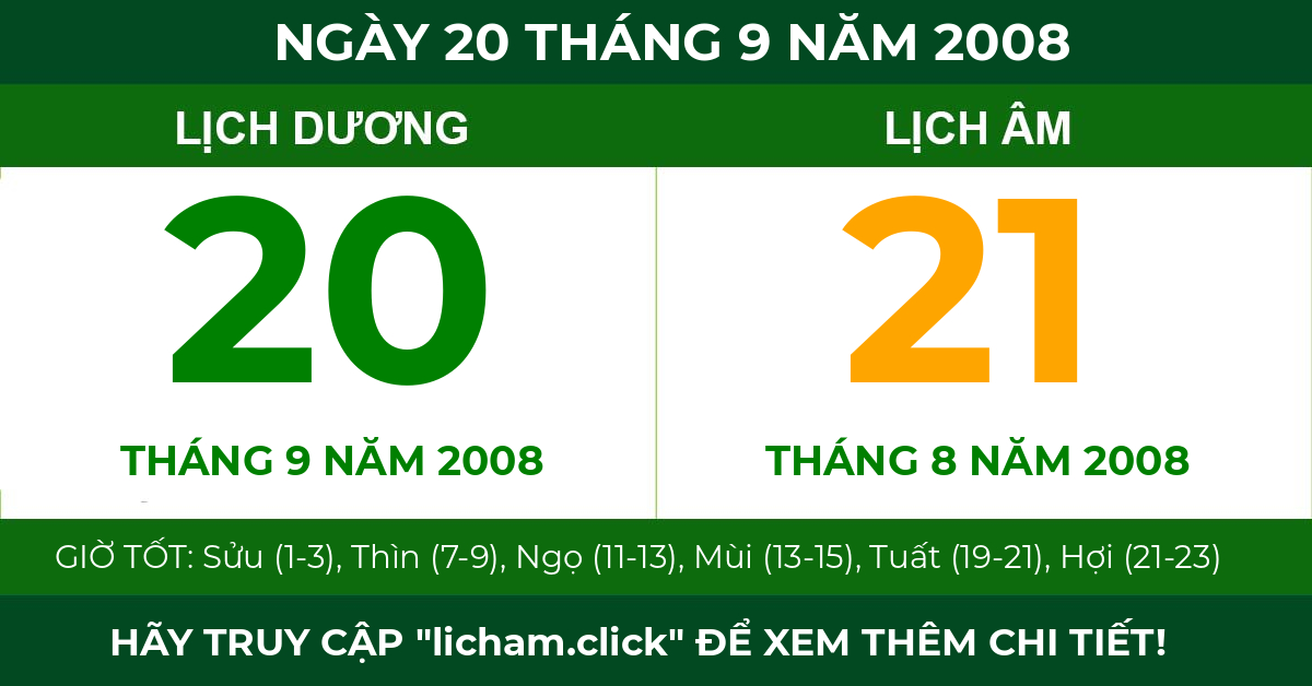 lịch âm ngày 20 tháng 9 năm 2008