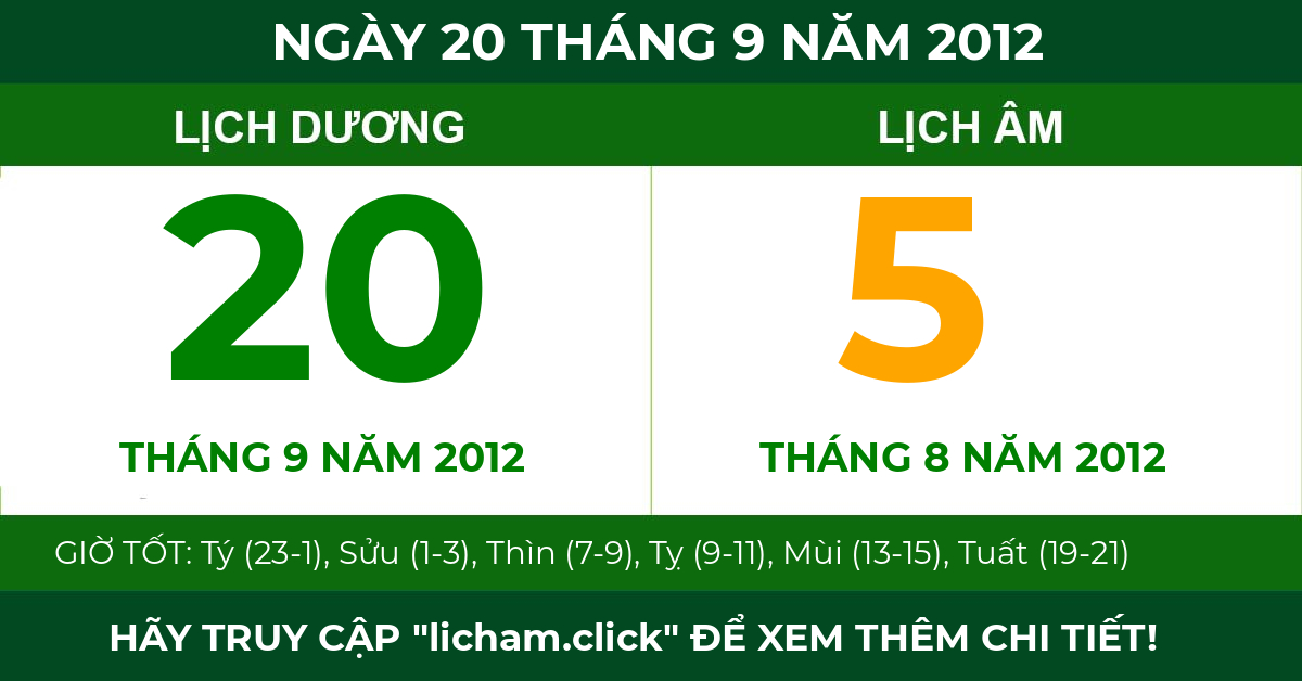 lịch âm ngày 20 tháng 9 năm 2012