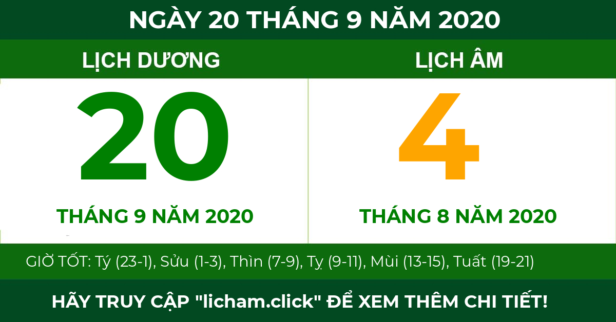 lịch âm ngày 20 tháng 9 năm 2020