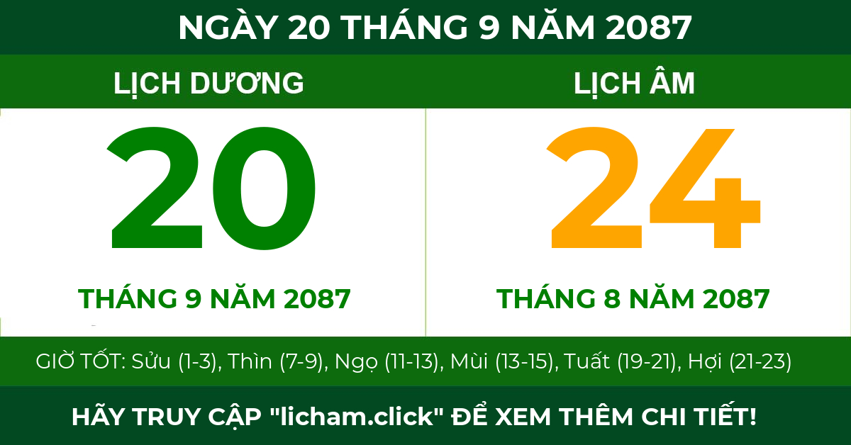 lịch âm ngày 20 tháng 9 năm 2087