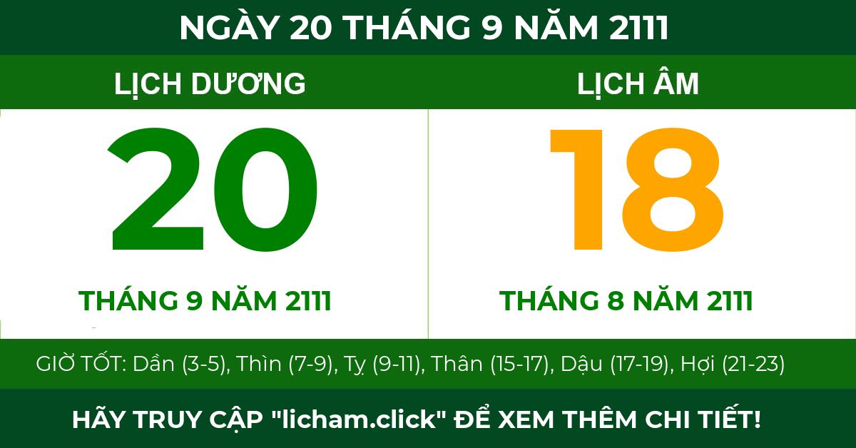 lịch âm ngày 20 tháng 9 năm 2111