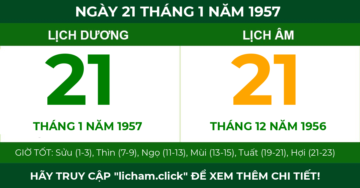 lịch âm ngày 21 tháng 1 năm 1957