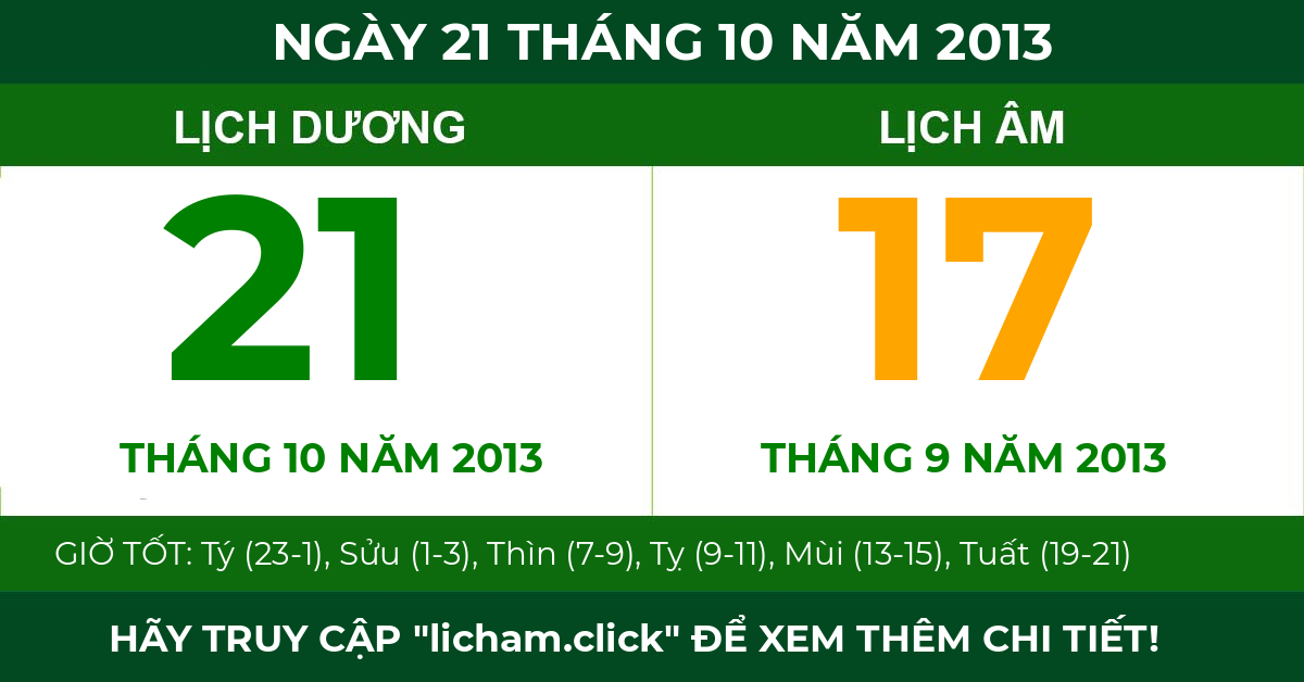 lịch âm ngày 21 tháng 10 năm 2013