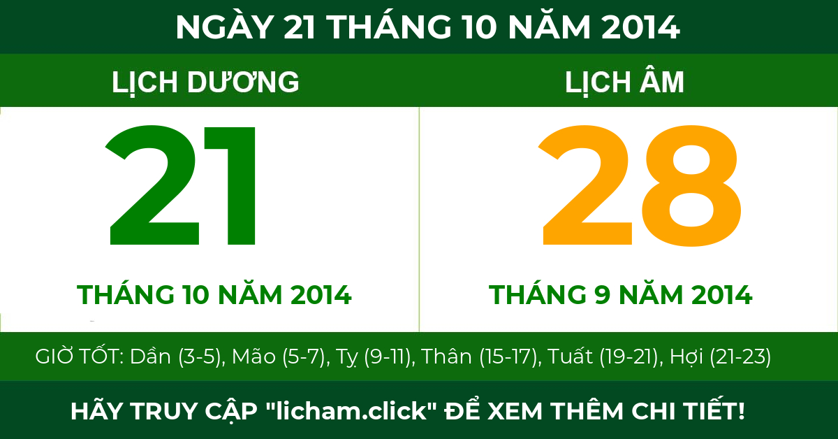 lịch âm ngày 21 tháng 10 năm 2014