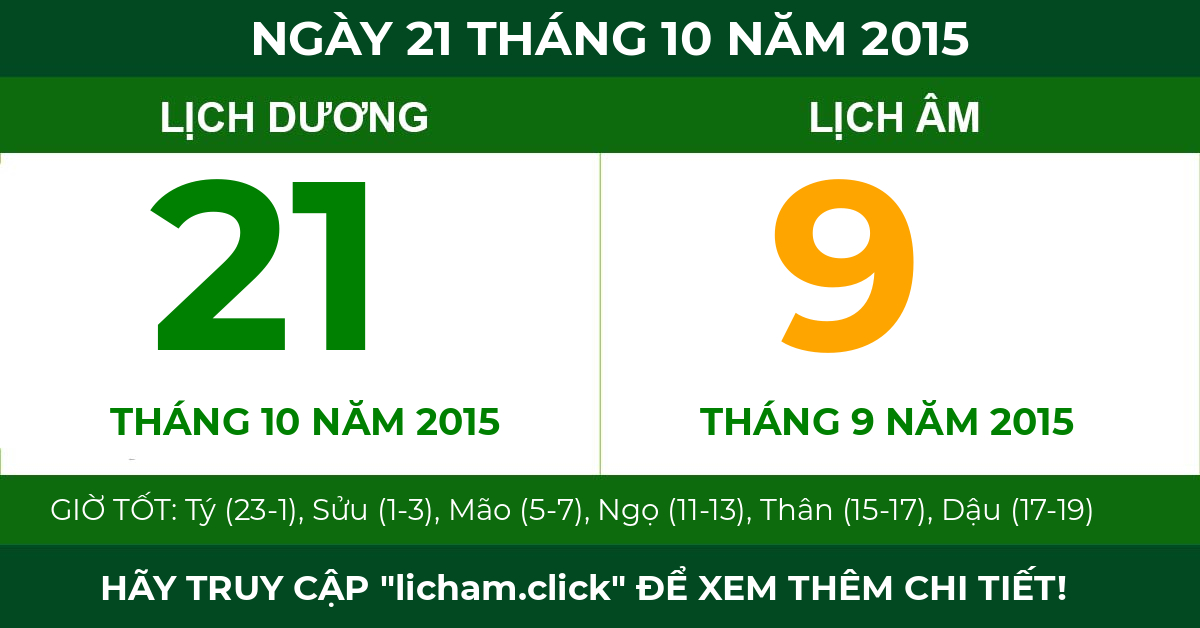 lịch âm ngày 21 tháng 10 năm 2015