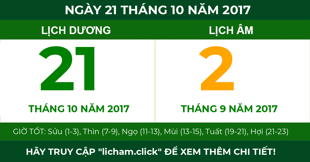 lịch âm ngày 21 tháng 10 năm 2017