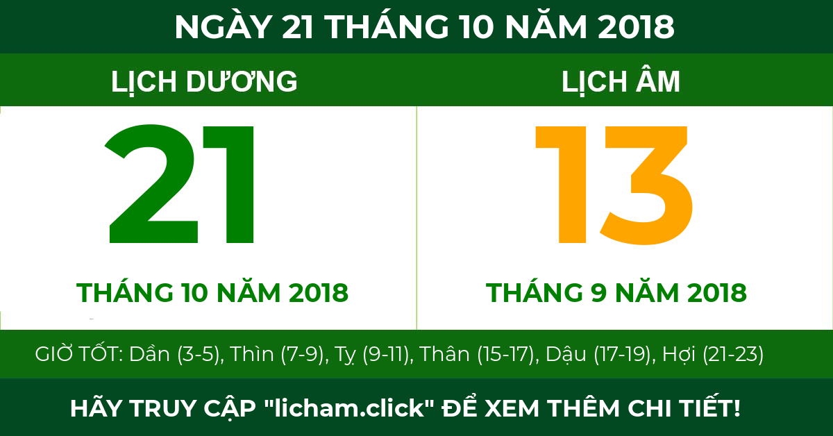 lịch âm ngày 21 tháng 10 năm 2018