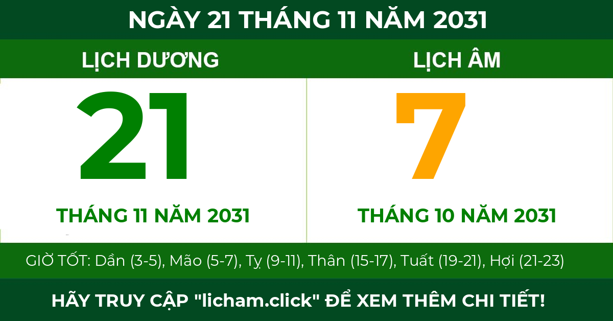 lịch âm ngày 21 tháng 11 năm 2031