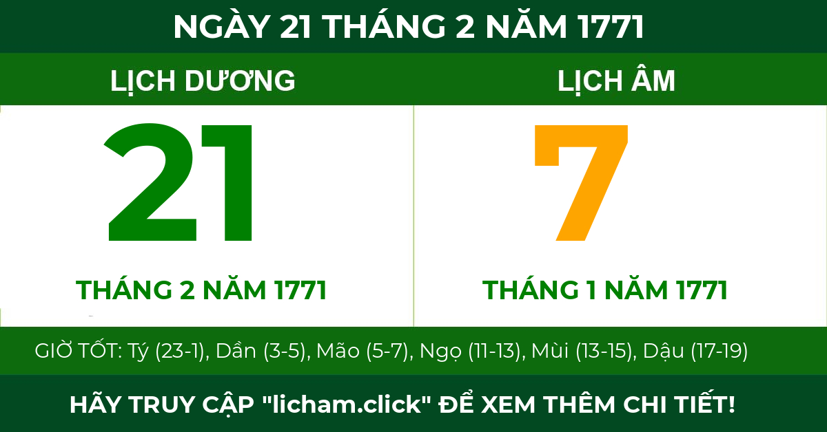 lịch âm ngày 21 tháng 2 năm 1771