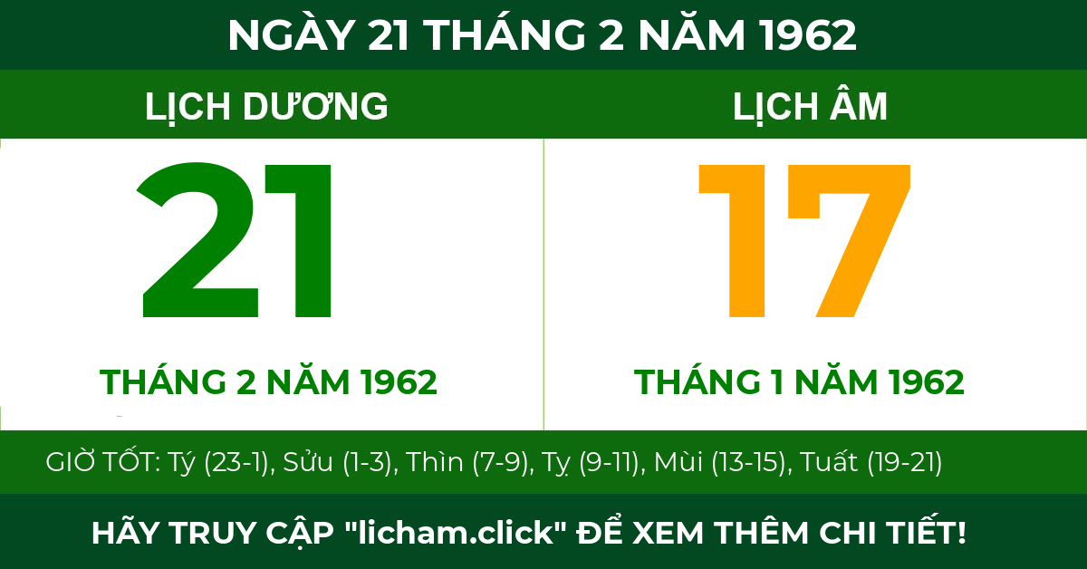 lịch âm ngày 21 tháng 2 năm 1962