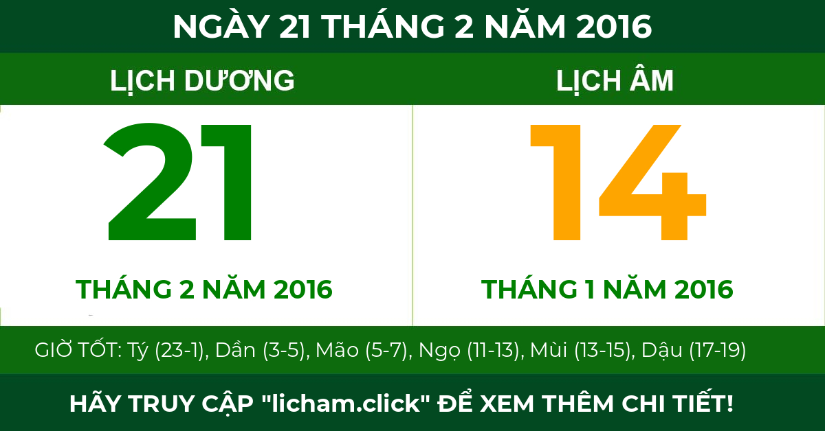 lịch âm ngày 21 tháng 2 năm 2016