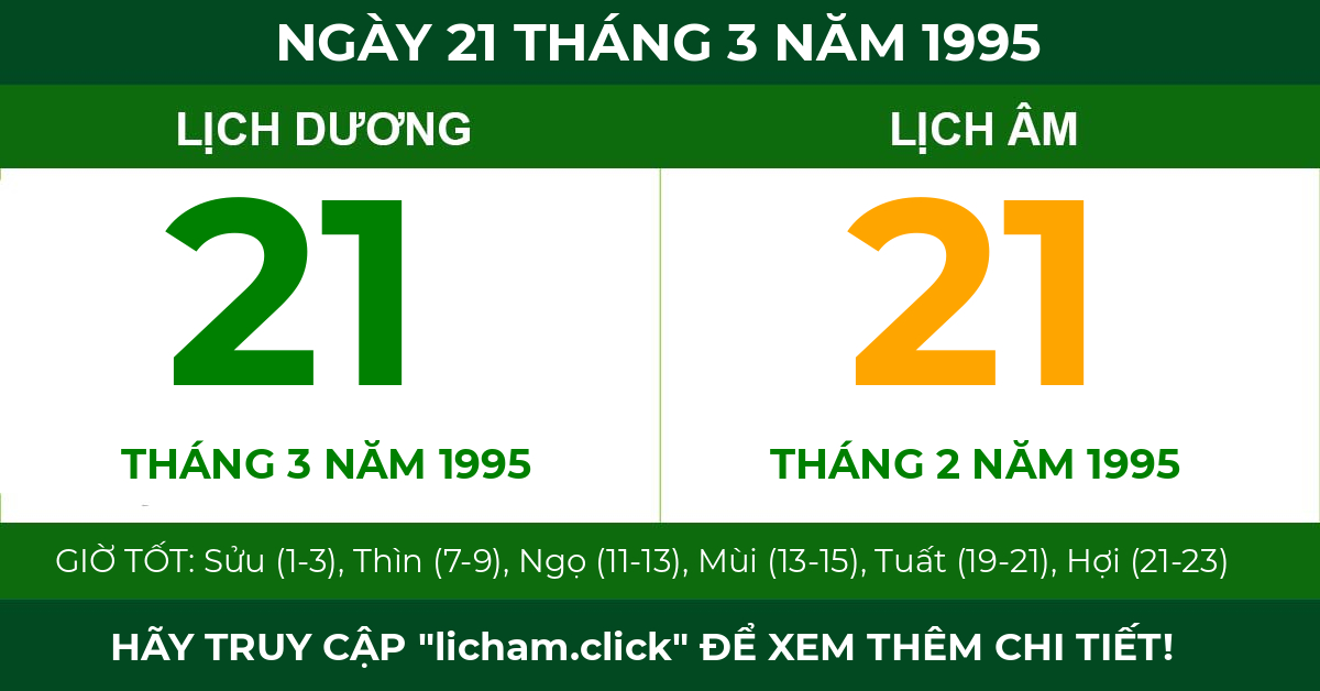 lịch âm ngày 21 tháng 3 năm 1995