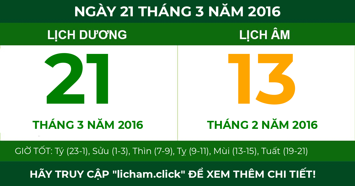 lịch âm ngày 21 tháng 3 năm 2016