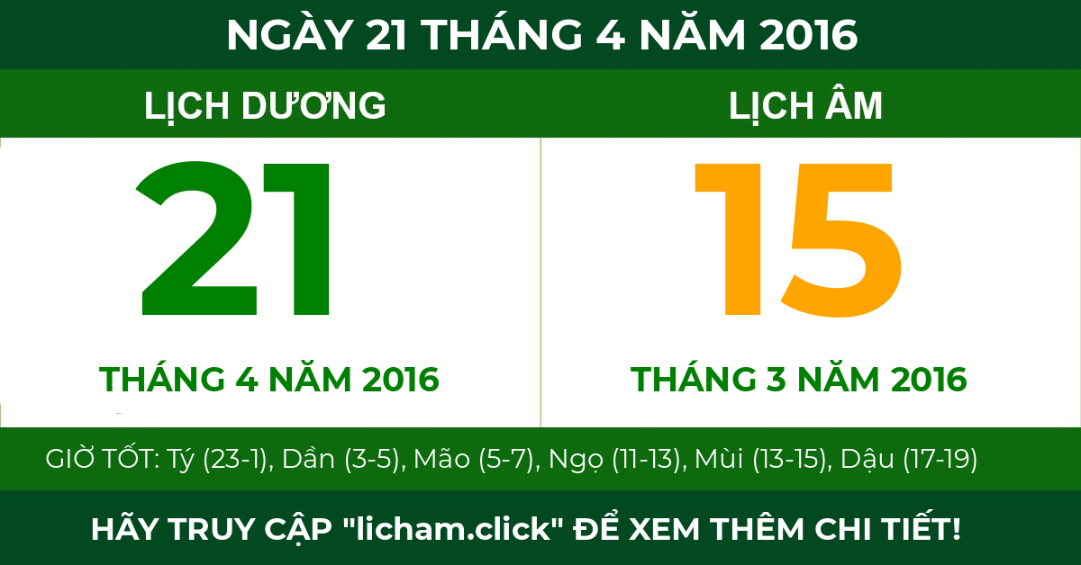 lịch âm ngày 21 tháng 4 năm 2016
