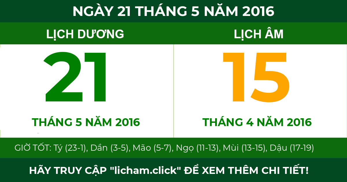 lịch âm ngày 21 tháng 5 năm 2016