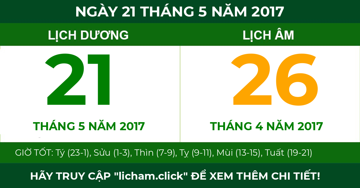 lịch âm ngày 21 tháng 5 năm 2017