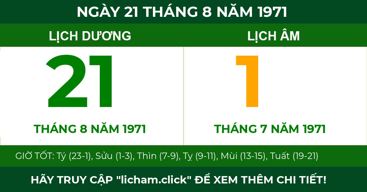 lịch âm ngày 21 tháng 8 năm 1971