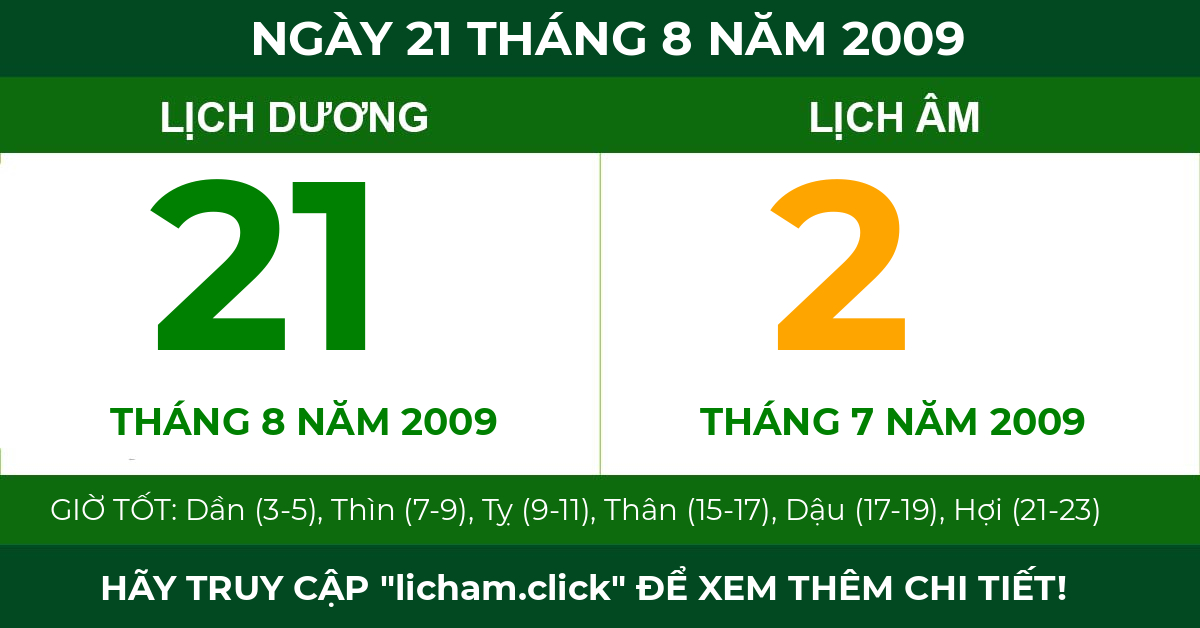lịch âm ngày 21 tháng 8 năm 2009