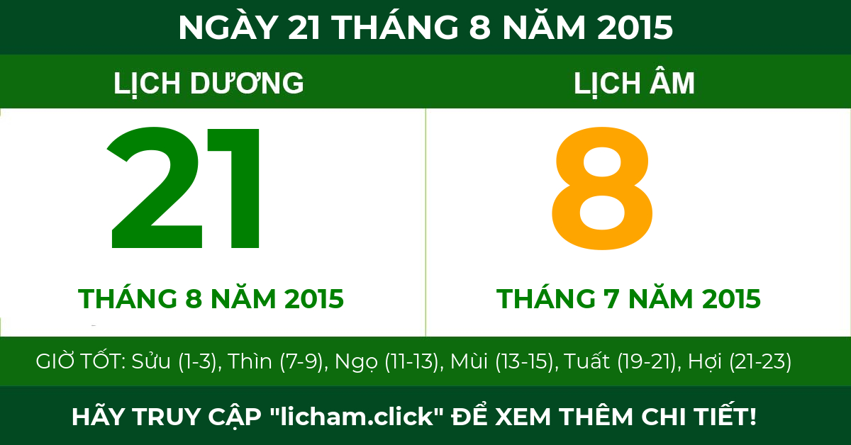 lịch âm ngày 21 tháng 8 năm 2015