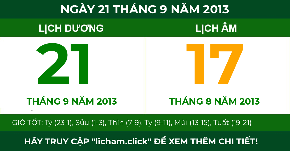 lịch âm ngày 21 tháng 9 năm 2013