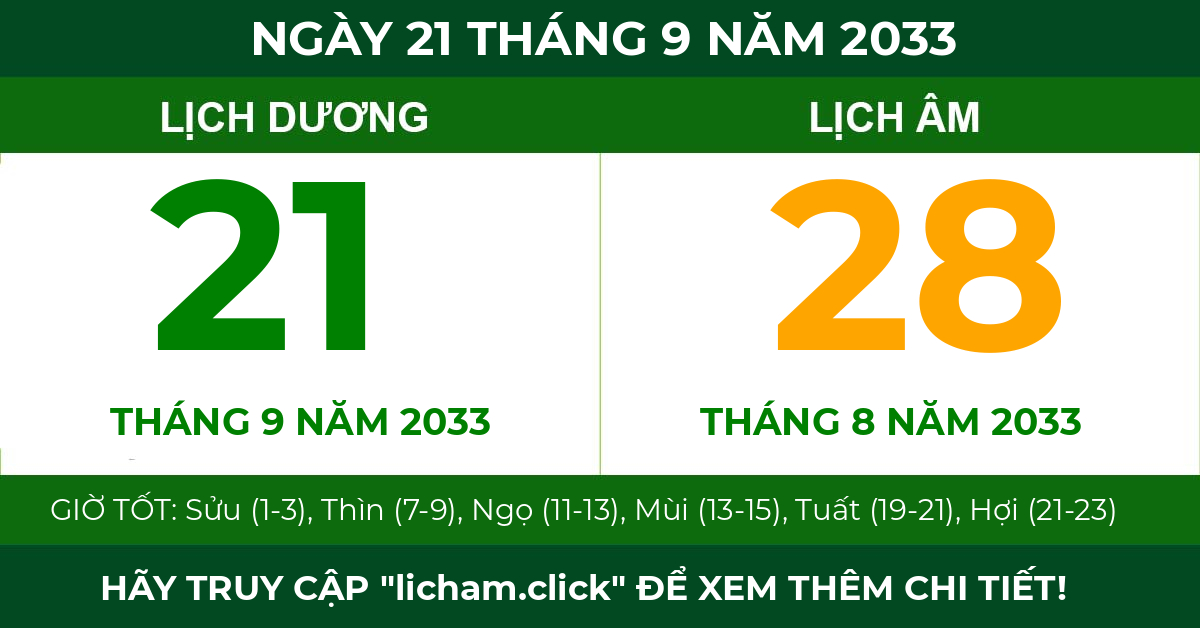 lịch âm ngày 21 tháng 9 năm 2033