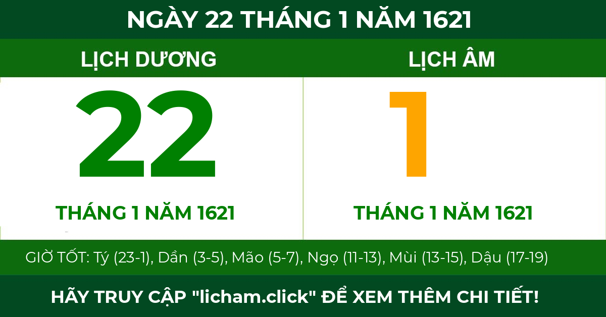lịch âm ngày 22 tháng 1 năm 1621