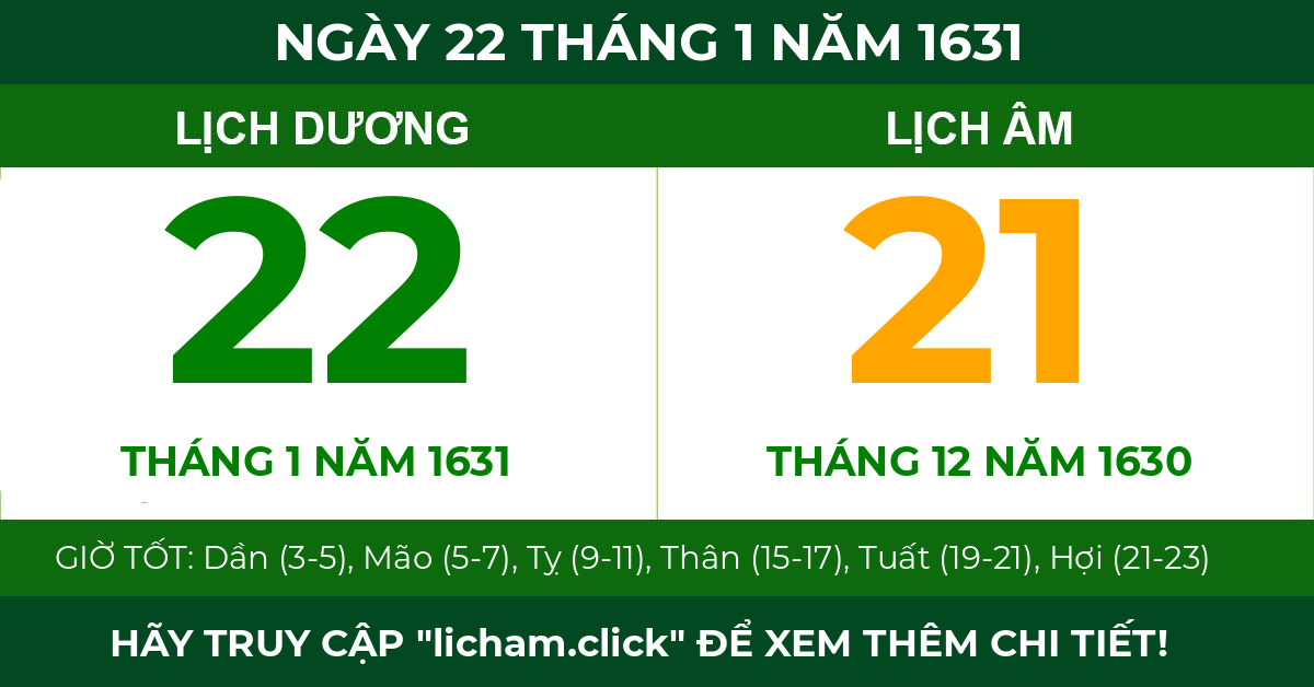 lịch âm ngày 22 tháng 1 năm 1631