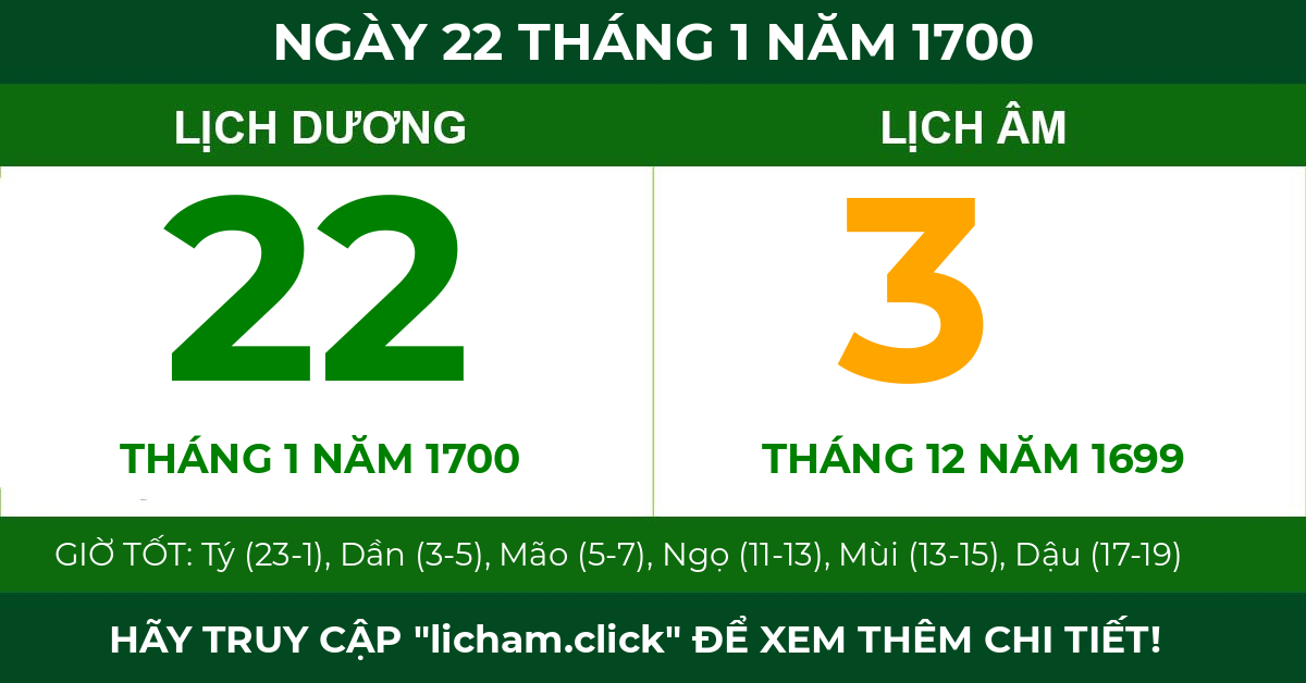 lịch âm ngày 22 tháng 1 năm 1700