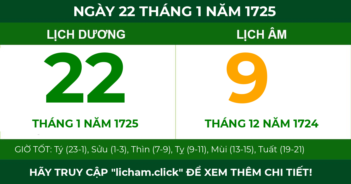 lịch âm ngày 22 tháng 1 năm 1725