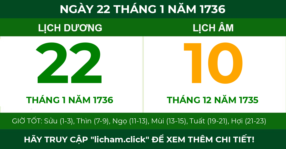 lịch âm ngày 22 tháng 1 năm 1736