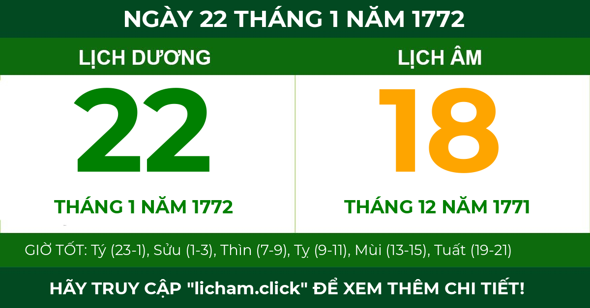 lịch âm ngày 22 tháng 1 năm 1772