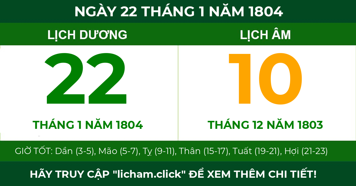 lịch âm ngày 22 tháng 1 năm 1804