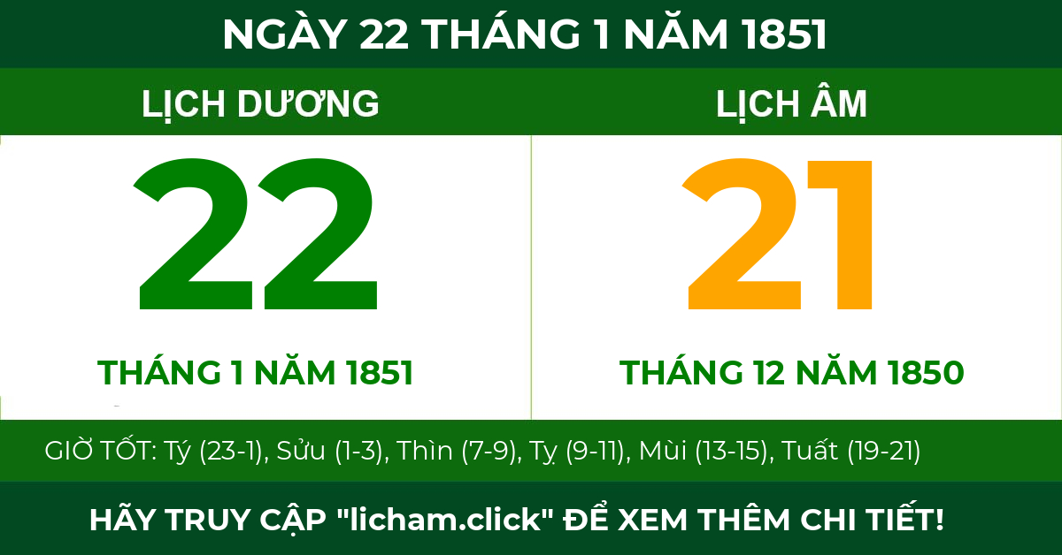 lịch âm ngày 22 tháng 1 năm 1851