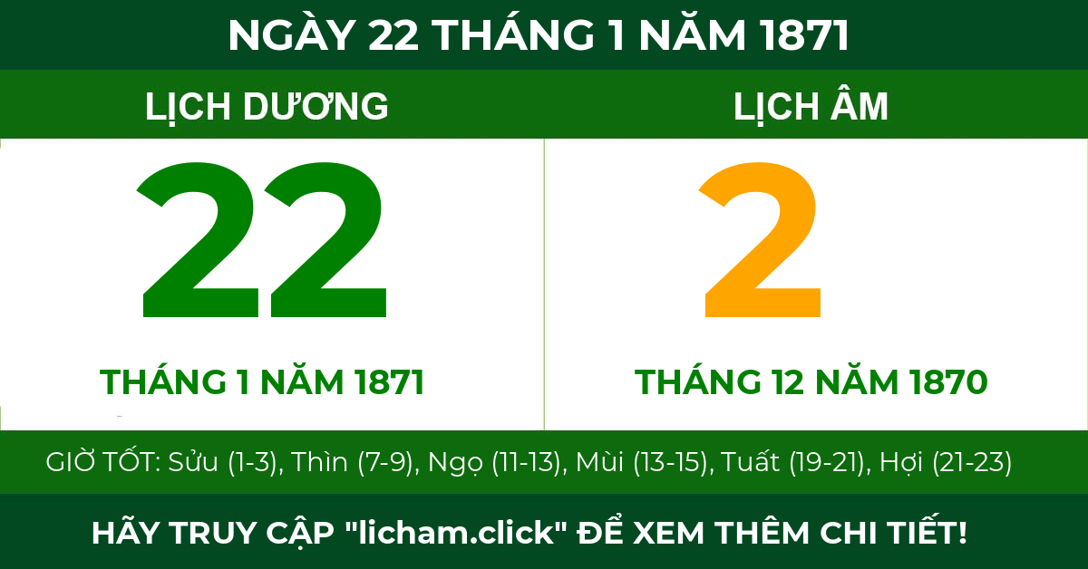 lịch âm ngày 22 tháng 1 năm 1871