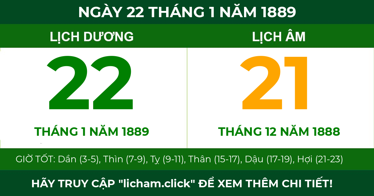 lịch âm ngày 22 tháng 1 năm 1889