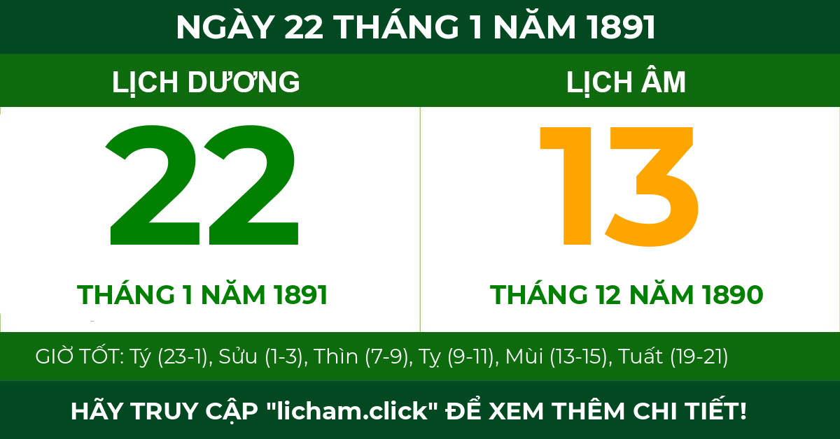 lịch âm ngày 22 tháng 1 năm 1891