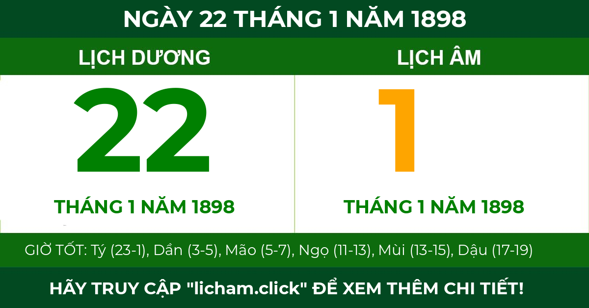lịch âm ngày 22 tháng 1 năm 1898