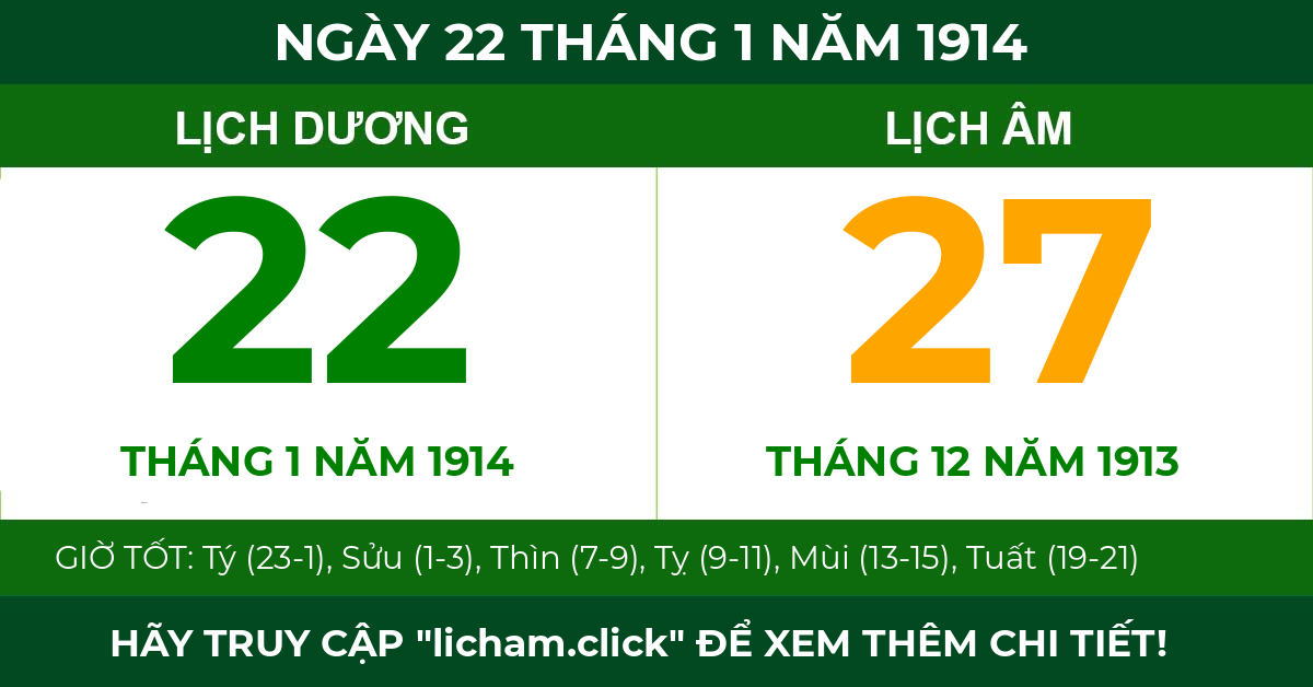 lịch âm ngày 22 tháng 1 năm 1914