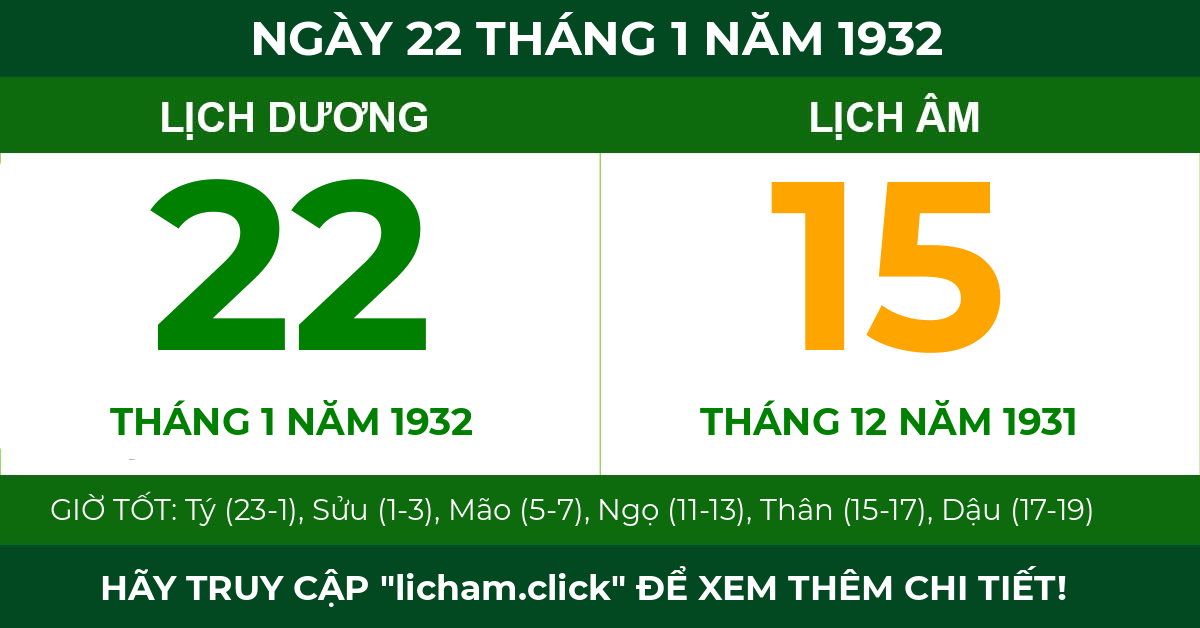 lịch âm ngày 22 tháng 1 năm 1932