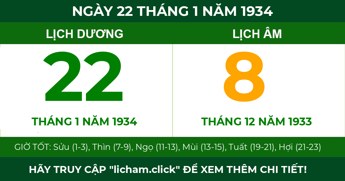 lịch âm ngày 22 tháng 1 năm 1934