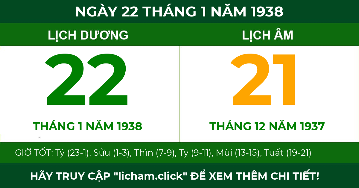 lịch âm ngày 22 tháng 1 năm 1938