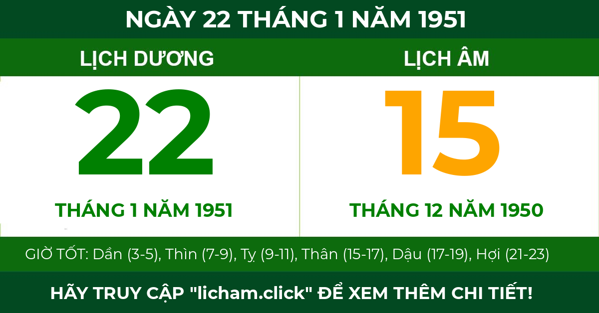 lịch âm ngày 22 tháng 1 năm 1951