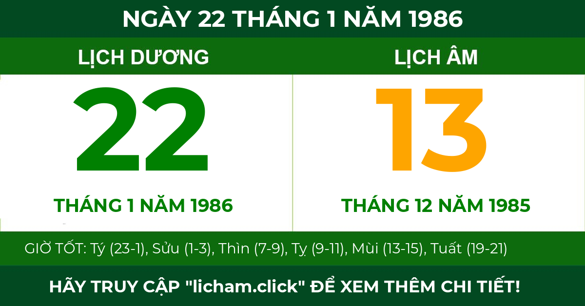 lịch âm ngày 22 tháng 1 năm 1986