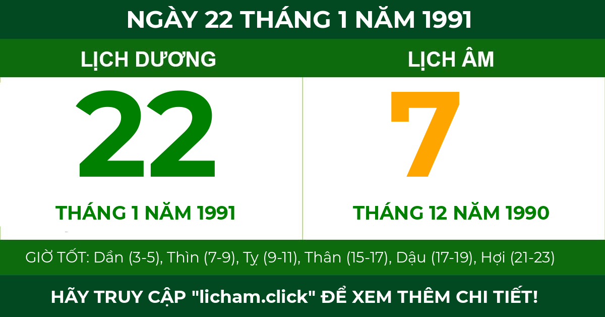 lịch âm ngày 22 tháng 1 năm 1991