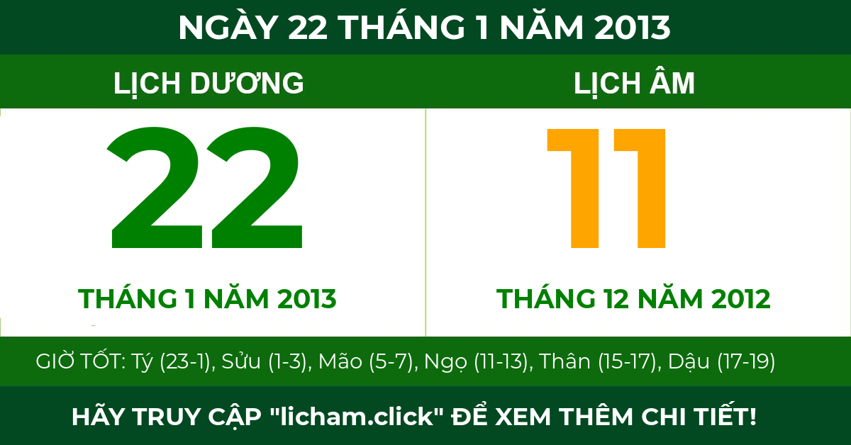 lịch âm ngày 22 tháng 1 năm 2013