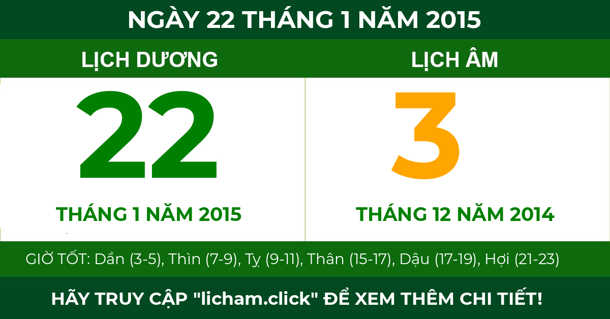 lịch âm ngày 22 tháng 1 năm 2015