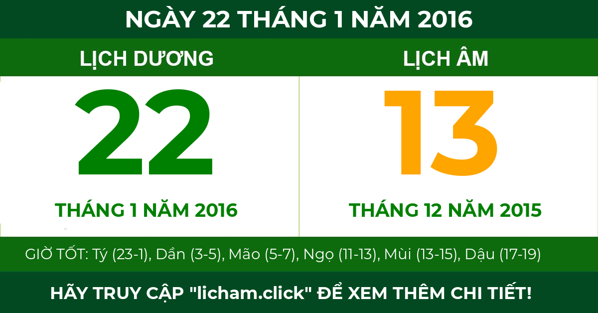 lịch âm ngày 22 tháng 1 năm 2016