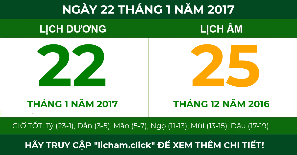lịch âm ngày 22 tháng 1 năm 2017