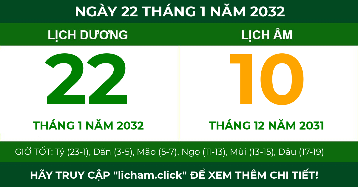 lịch âm ngày 22 tháng 1 năm 2032